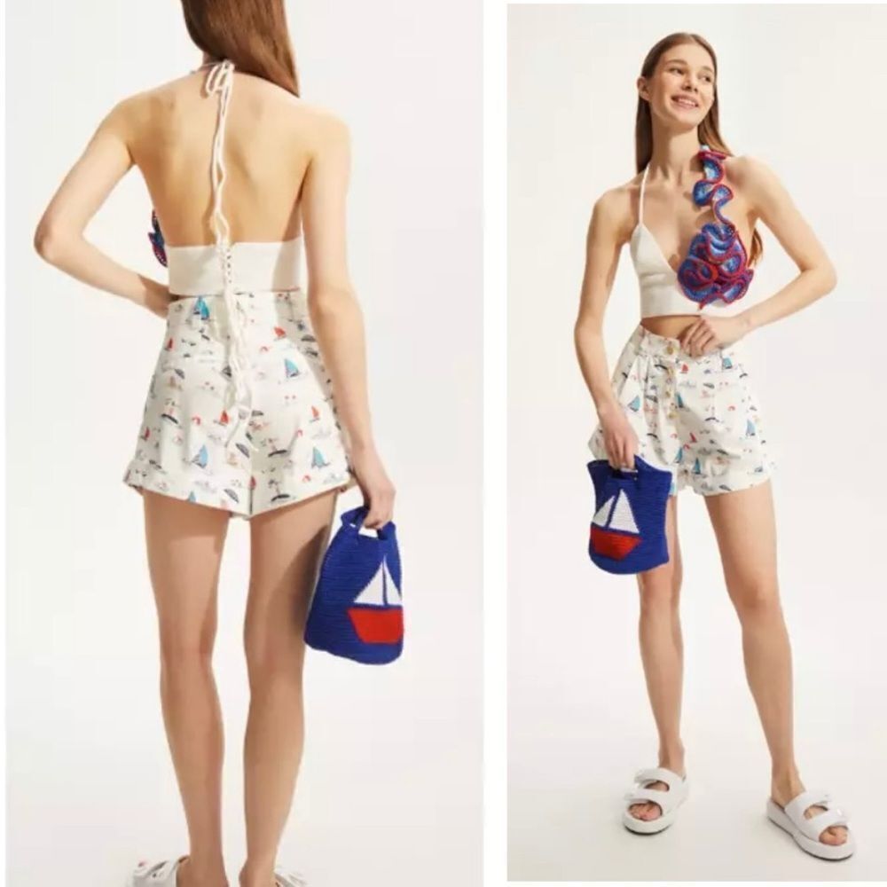 NEW Beachy Side X Emily In Paris Nautical Beach Print High Waisted Short XS